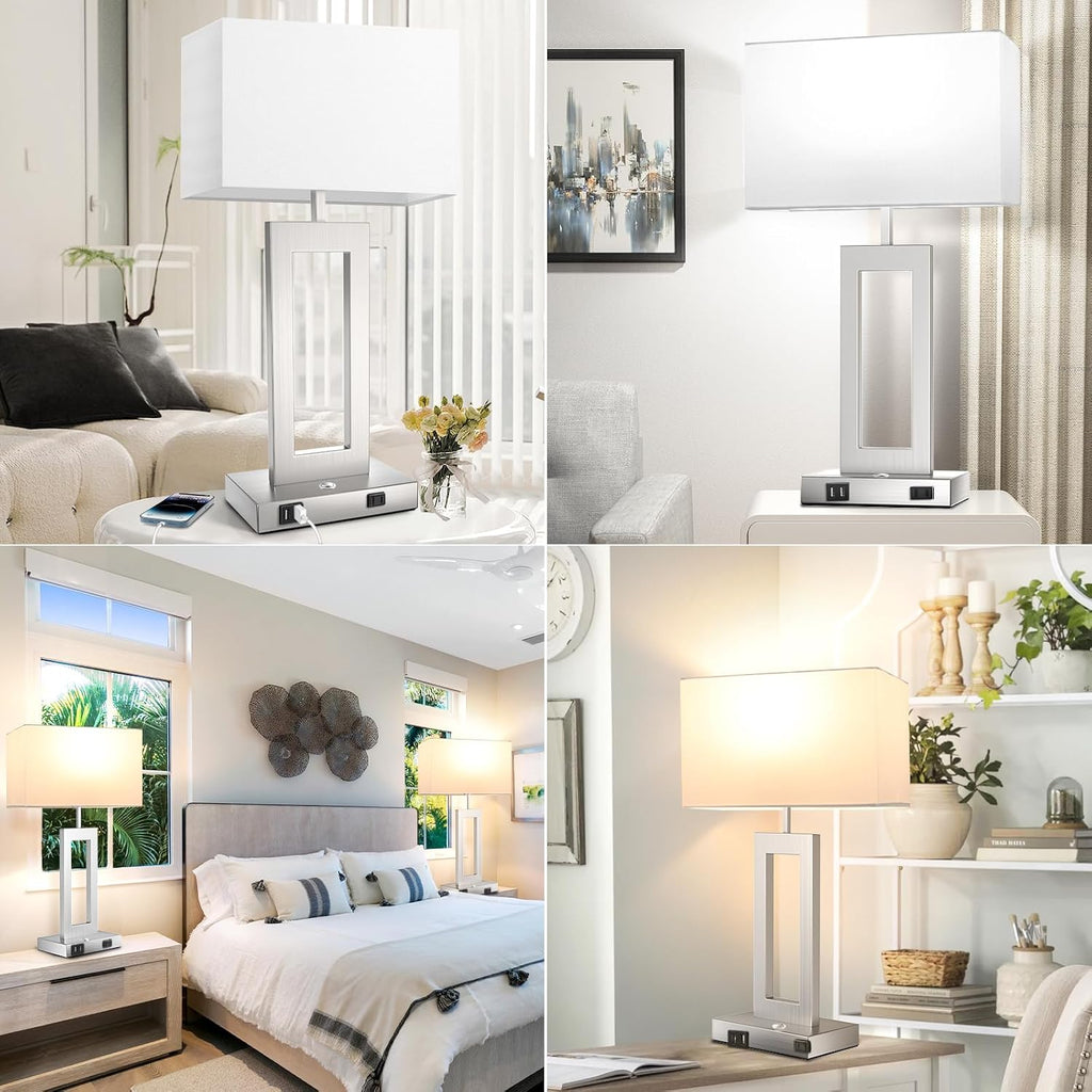 Table Lamps for Bedrooms Set of 2, 27.2'' Tall Modern Silver Lamps for Living Room Nightstand, Touch Control Bedside Lamps with 2 USB Ports&AC Outlet, Stepless Dimming, 3 Color Temp. Bulbs Covered