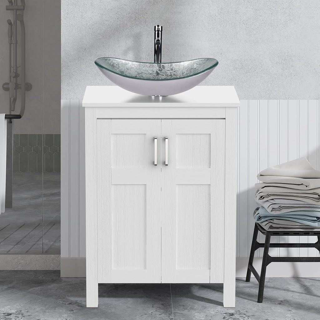 YOURLITE 24' Bathroom Vanity with Sink, White Bathroom Vanity and Sink Combo with Faucet & Pop Up Drain Set,Traditional Vanity with Blue Glass Boat Bathroom Sink