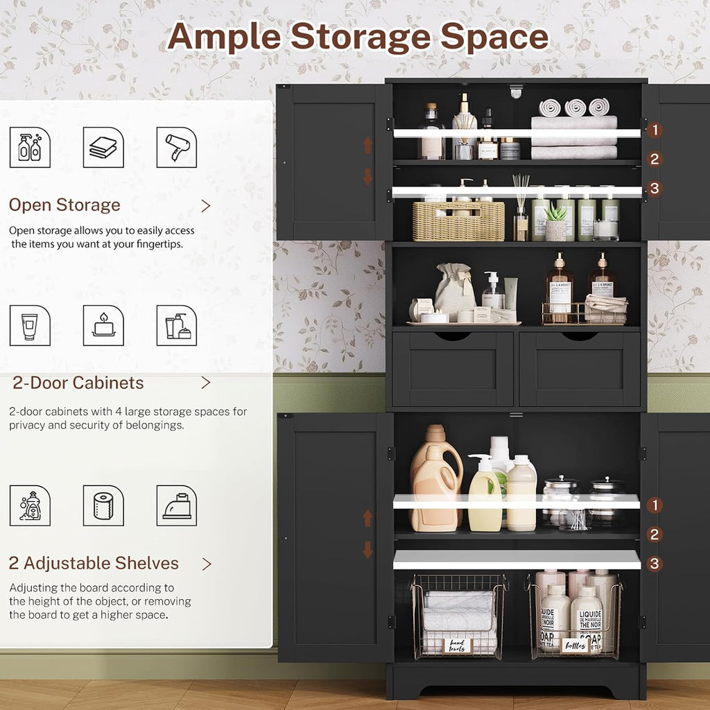 Iwell 57.8' H Tall Storage Cabinet with 2 Drawers & 2 Adjustable Shelves, Kitchen Cabinet with 4 Doors, Tall Cabinet for Living Room, Dining Room, Entryway, Black