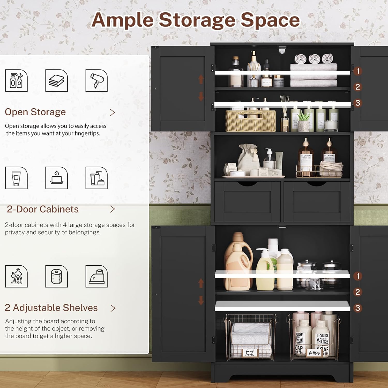 Iwell 57.8' H Tall Storage Cabinet with 2 Drawers & 2 Adjustable Shelves, Kitchen Cabinet with 4 Doors, Tall Cabinet for Living Room, Dining Room, Entryway, Black