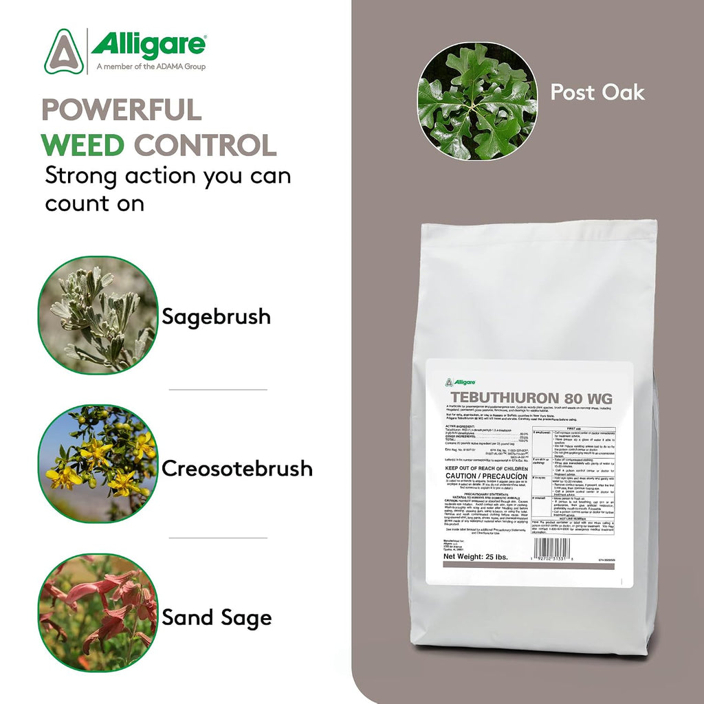 ALLIGARE 80 WG Tebuthiuron Herbicide Weed Killer to Control Woody Plants & Weeds - Granular Brush Killer in Rangelands, Rights-of-Way & Wildlife Clearings - Pre/Post-Emergent, Spike Equivalent - 25 lb