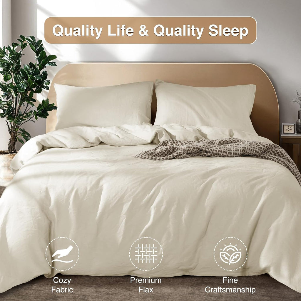 SONORO KATE 100% French Linen Duvet Cover Queen Size, Soft Breathable for Hot Sleepers, Moisture Wicking & Durable Cover Set - Zipper Closure & 4 Corner Ties Duvet Covers 3 Piece (Cream,Queen)