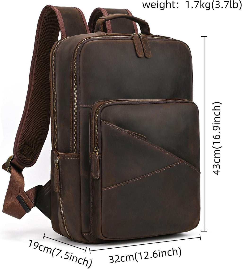 Vintage Full Grain Leather Backpack for Men, 16' Laptop Rucksack For Men Hiking Trave Work Business Bag, Dark Brown