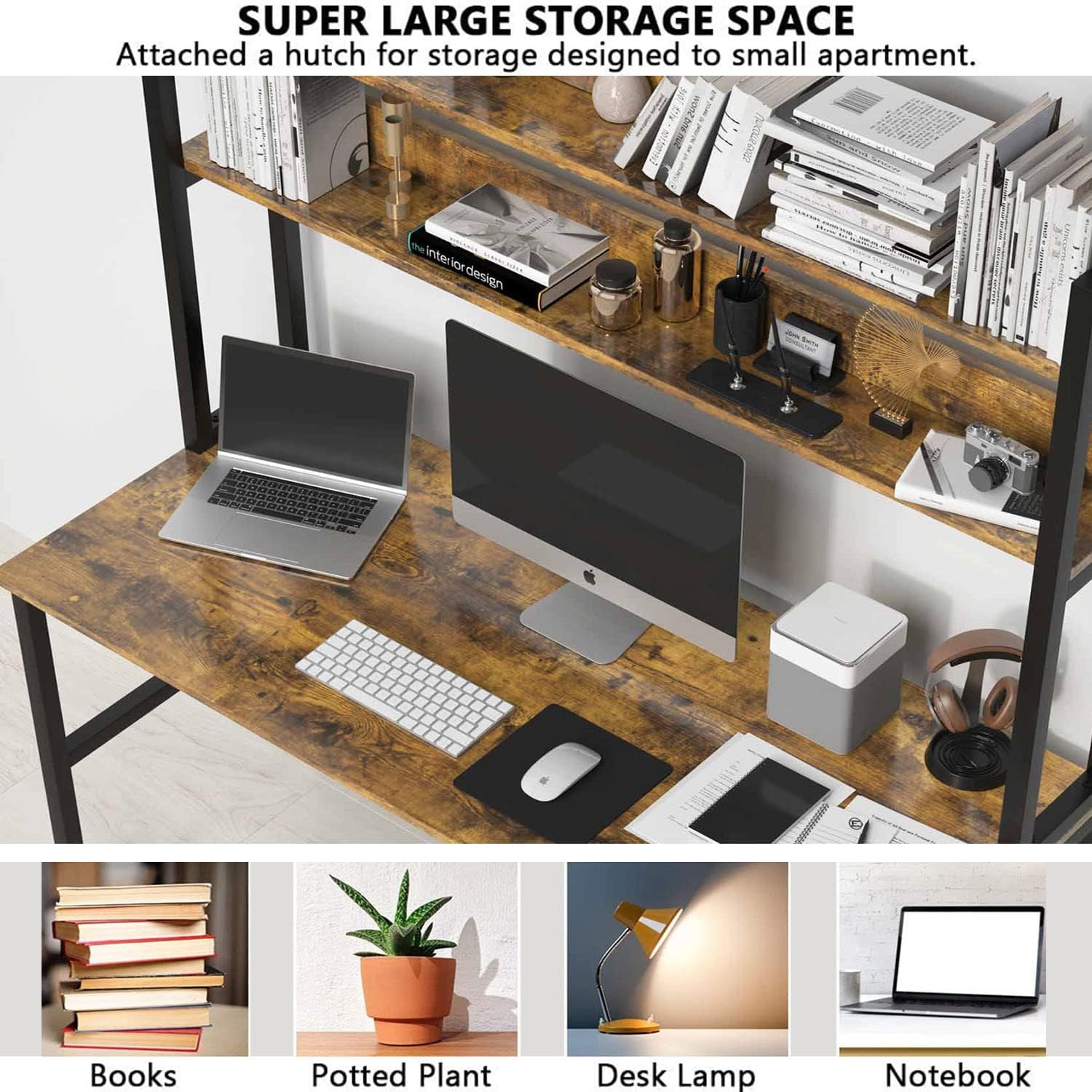 Aquzee Computer Desk with Hutch, 47'W x 23.6' D Desk with Shelves, Tall Home Office Desk with Bookshelf, Metal Legs Study Table with Upper Storage Shelf for Study Writing/Workstation