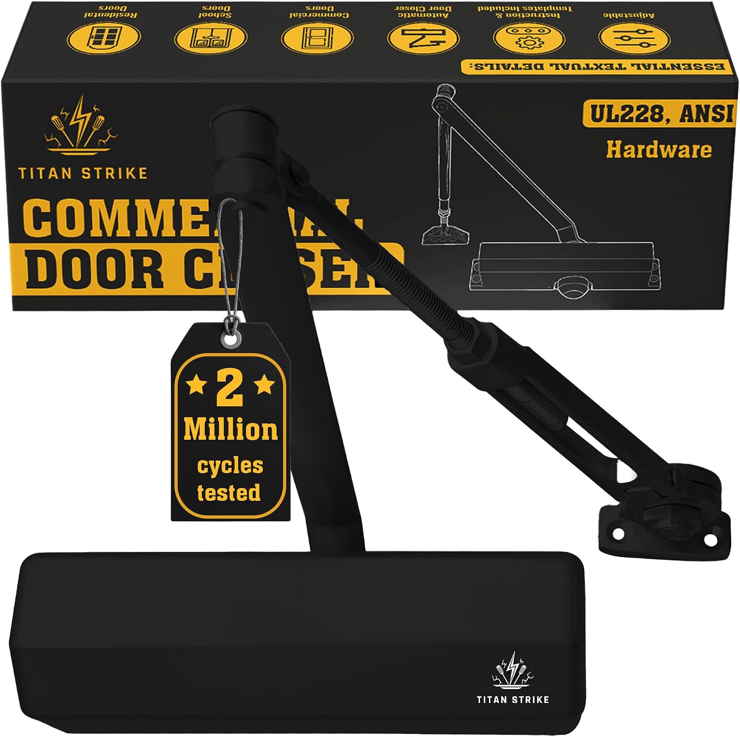 Heavy Duty Automatic Door Closer with Hold Open, Commercial Indoor/Outdoor Adjustable Door Closure, ANSI Grade 1, UL Certified, ADA Compliant, (44-330lb, 30-60in) – Black