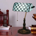Tiffany Style Bankers Table Lamp Stained Glass Piano Desk Lamp Vintage Bedroom Bedside Lamp for Study,Antique Alloy Base,Zipper Switch,Blue a