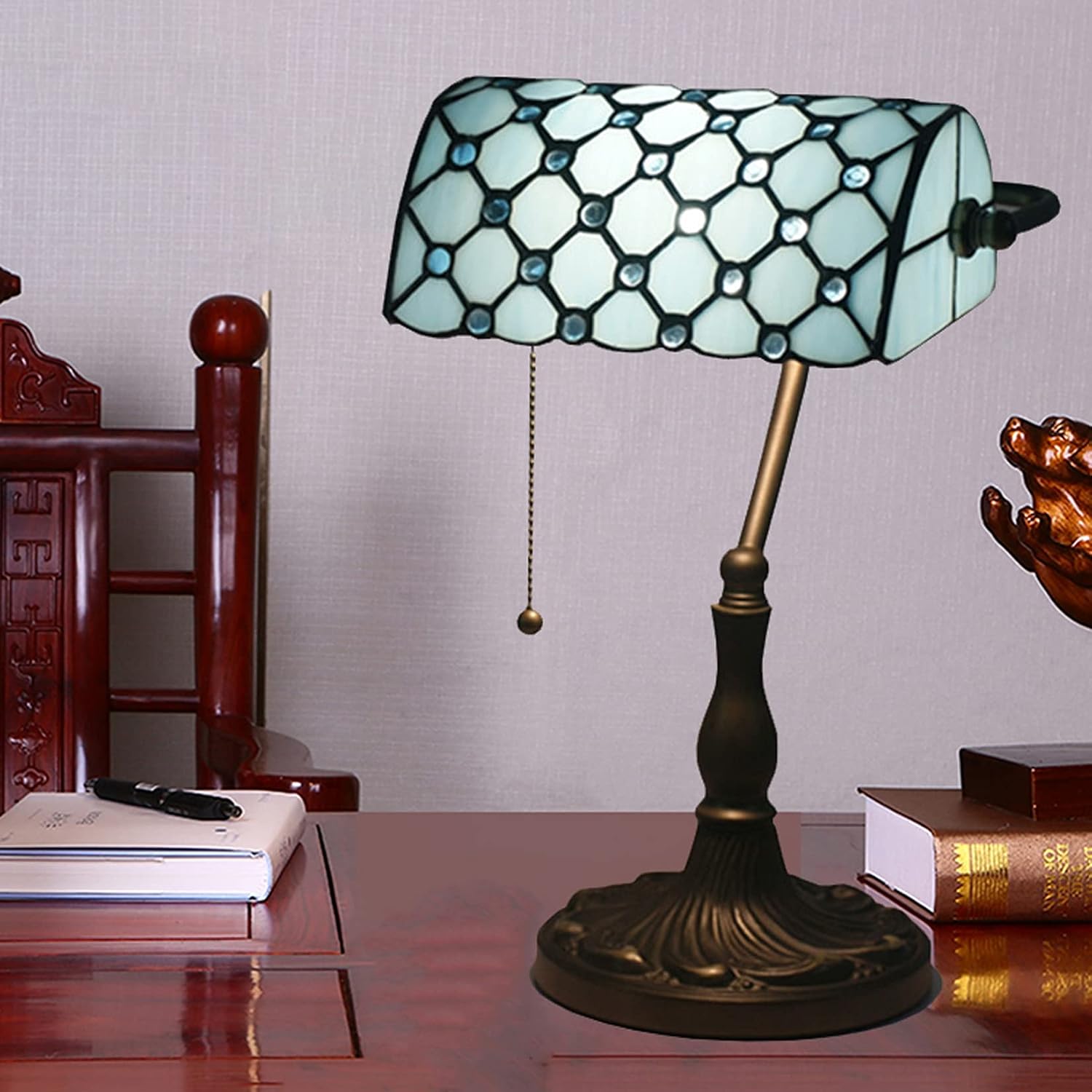 Tiffany Style Bankers Table Lamp Stained Glass Piano Desk Lamp Vintage Bedroom Bedside Lamp for Study,Antique Alloy Base,Zipper Switch,Blue a