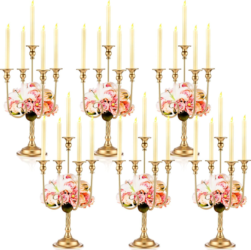 Rtteri 6 Pcs Gold Candelabra Candlestick Holder Metal Candle Stand Candelabra for Taper Candles Table Centerpieces Wedding Christmas Holiday Birthday Party (9.45 x 9.45 x 19.7 Inch,5 Arm)
