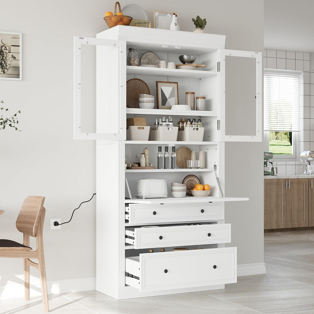 78 inch Tall Kitchen Pantry Cabinet with 3 Drawers and Adjustable Shelves, Wood Storage Cabinet with Drop-Down Surface and Glass Doors for Dining Room and Living Room (White//3)