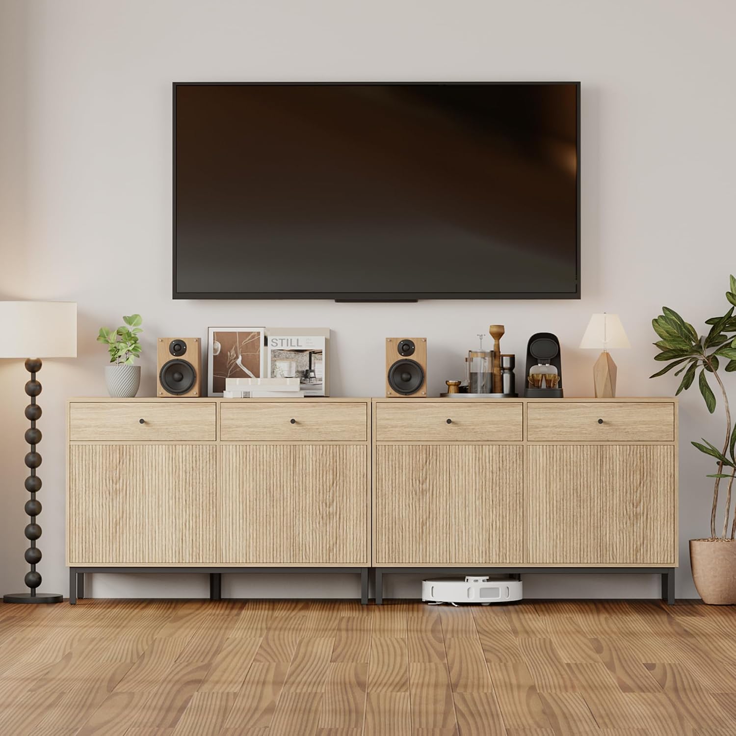Mericonia Farmhouse Buffet Sideboard Cabinet with Storage, Fluted Coffee Bar with Doors and Adjustable Shelves, Modern Wood Console Cabinet with Drawers (4 Door, Oak2 Drawer)