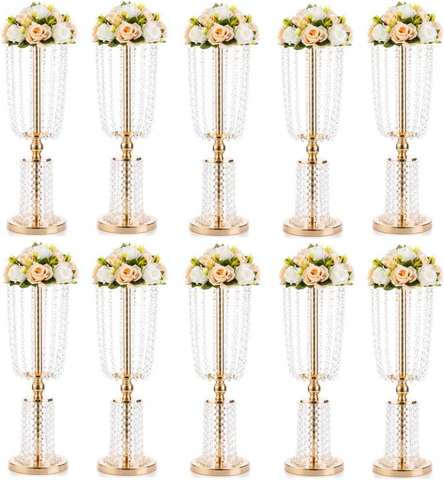 NUPTIO 10 Pcs 23.75 inches Gold Vases for Centerpieces Tall Crystal Metal Vase Flower Stand Holders Wedding Centerpiece Chandelier for Reception Tables Wedding Supplies