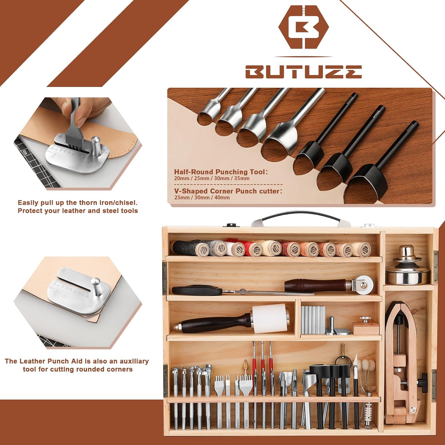 BUTUZE Leather Working Kit, Boxed Leather Tooling Kit, Leather Crafting Tool Kit, Cutting, Punching, Carving, Heavy Duty Leather Sewing Kit Professional Leather Working Tools and Supplies