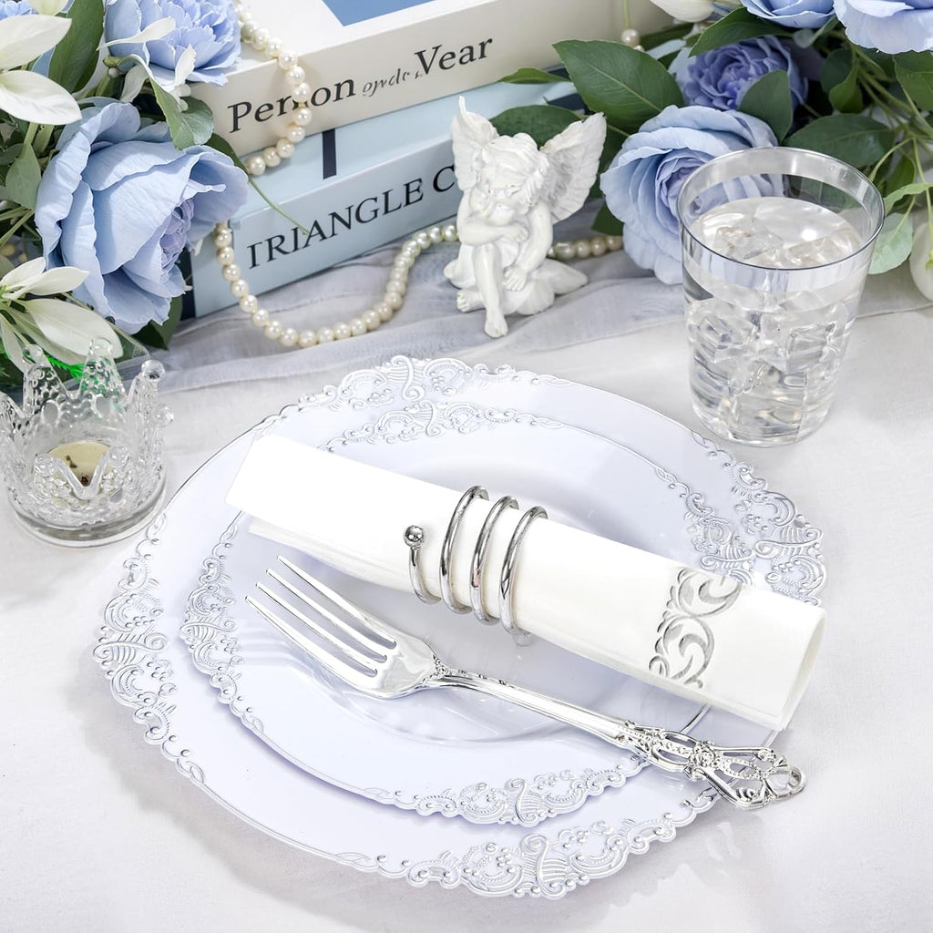 YOUBET 700PCS Silver Plastic Plates - White and Silver Disposable Plates - Silvery Plastic Dinnerware Set - Include 200 Plates, 300 Heavy Duty Silverware, 100 Cups and 100 Napkins for Wedding & Party