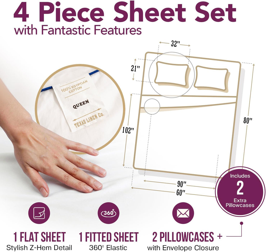 TEXAS LINEN CO. 100% Egyptian Cotton Queen Sheets Set - Luxury 1200 Series Star Sleepin' Collection Egyptian Cotton Sheets Queen Size (4 PC, Light Blue), 17' Deep Pocket, Cooling Hotel Bedding Set