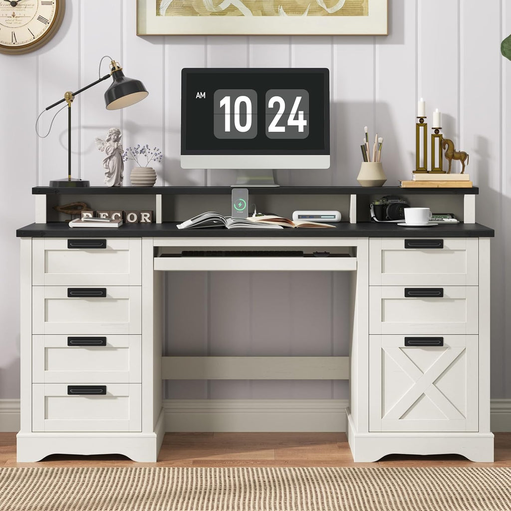 Farmhouse Executive Desk 60' Computer Desk with 8 Drawers and Power Outlets, Wood Home Office Desk with Keyboard Tray & Monitor Stand, Writing Desk Workstation for Bedroom Study, White and Black