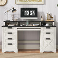 Farmhouse Executive Desk 60' Computer Desk with 8 Drawers and Power Outlets, Wood Home Office Desk with Keyboard Tray & Monitor Stand, Writing Desk Workstation for Bedroom Study, White and Black