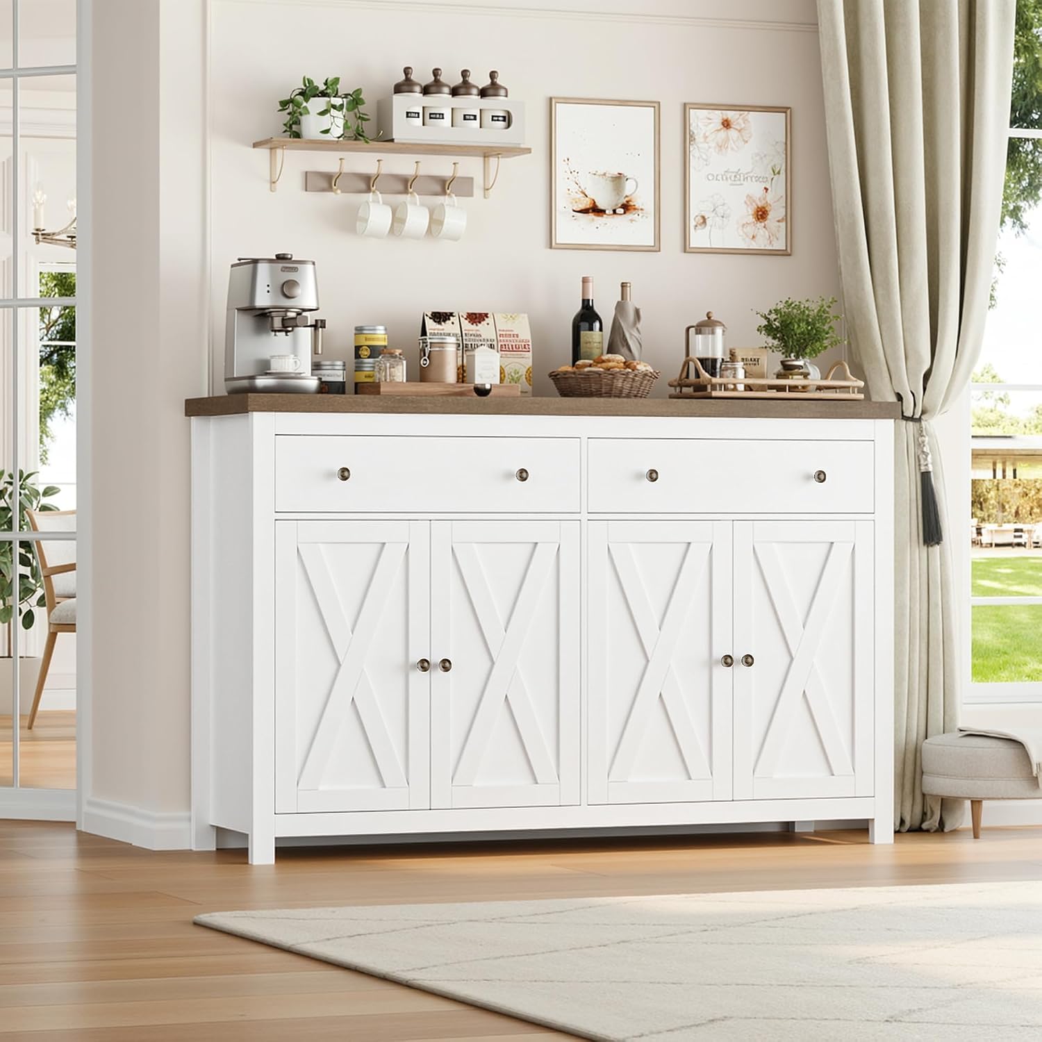 FOTOSOK Sideboard Buffet Cabinet with Storage, 55' Large Kitchen Storage Cabinet with 2 Drawers and 4 Doors, Wood Coffee Bar Buffet Table Console Table for Kitchen Dining Room, White