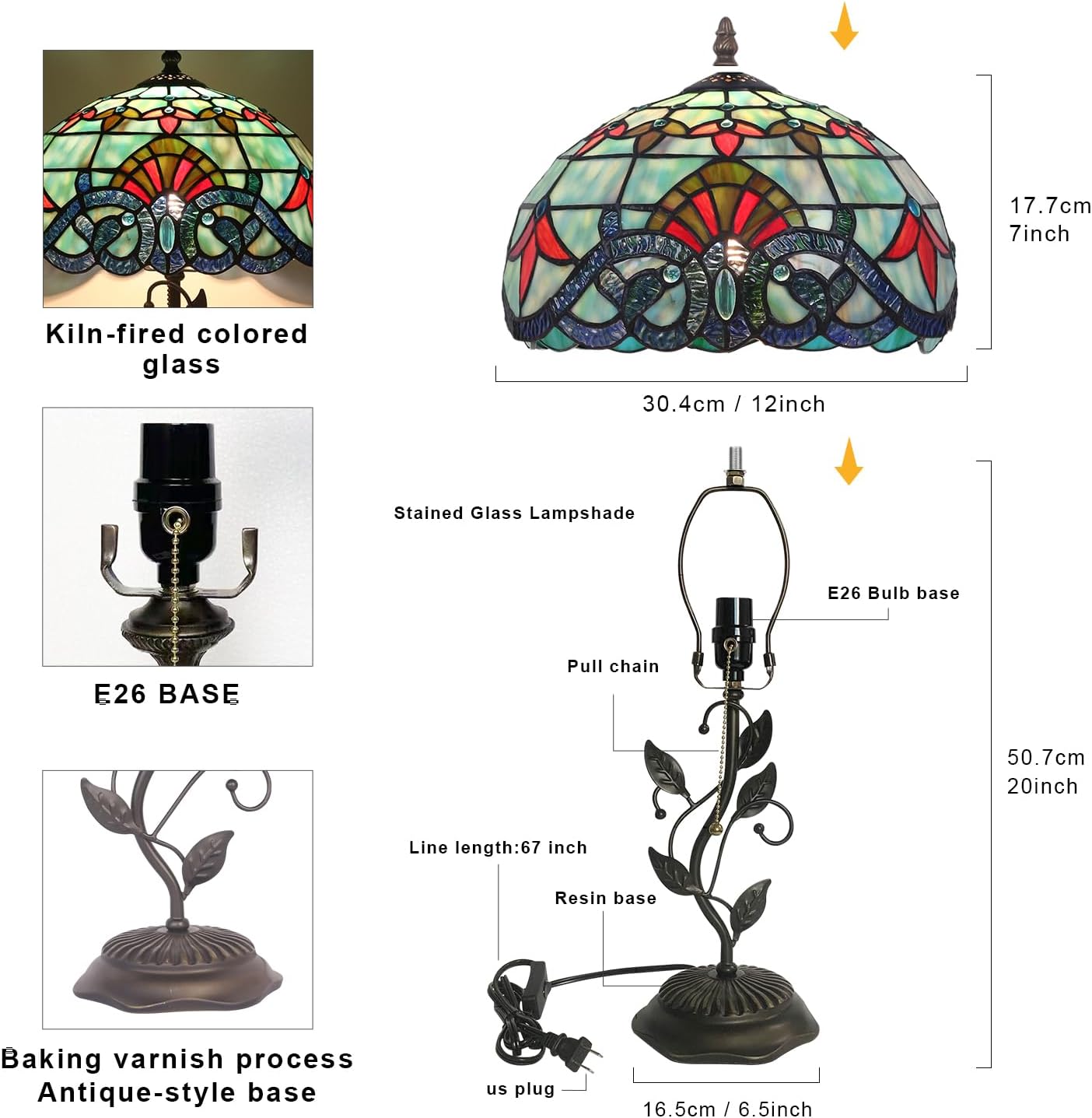 Tiffany Table Lamp, Stained Glass Baroque Style, Metal Leaf Base Decor Lamp, 12x12x19 Inch for Bedroom, Living Room, Home, Office
