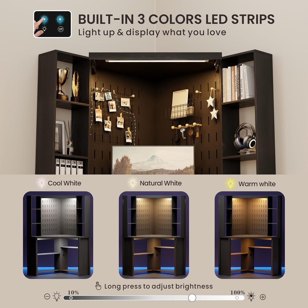 Corner Desk with - LED Reading Light, L-Shaped Computer Desk w/Hutch & Shelves, Home Office Desk w/Charging Station for Work & Study, File Cabinet Storage Bookshelf for Small Space (Black)