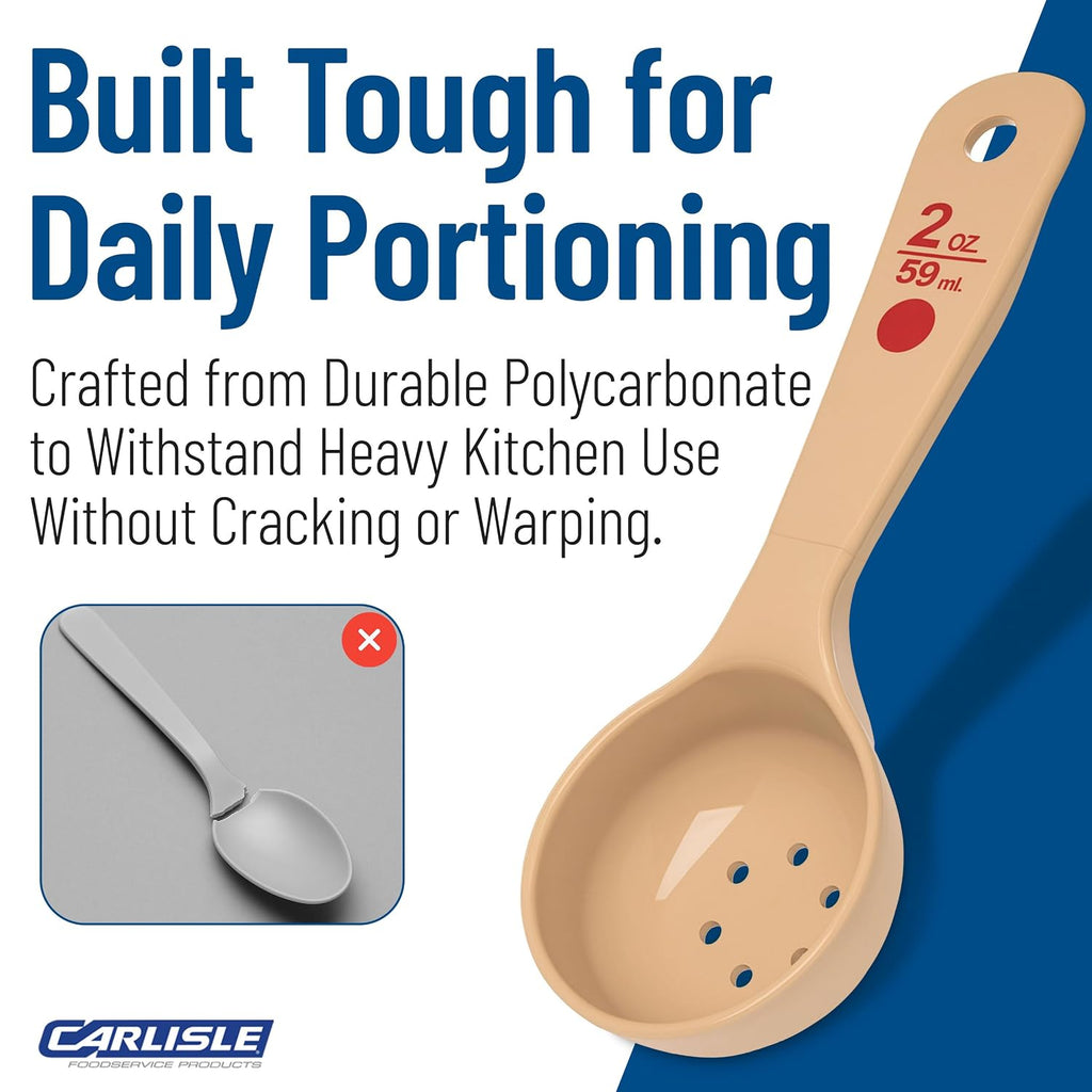 Carlisle FoodService Products 2 Oz Perforated Portion Control Spoon – Short Handle Measuring Spoon – Beige Polymer Foodservice Spoon for Commercial Kitchens, (Pack of 12)