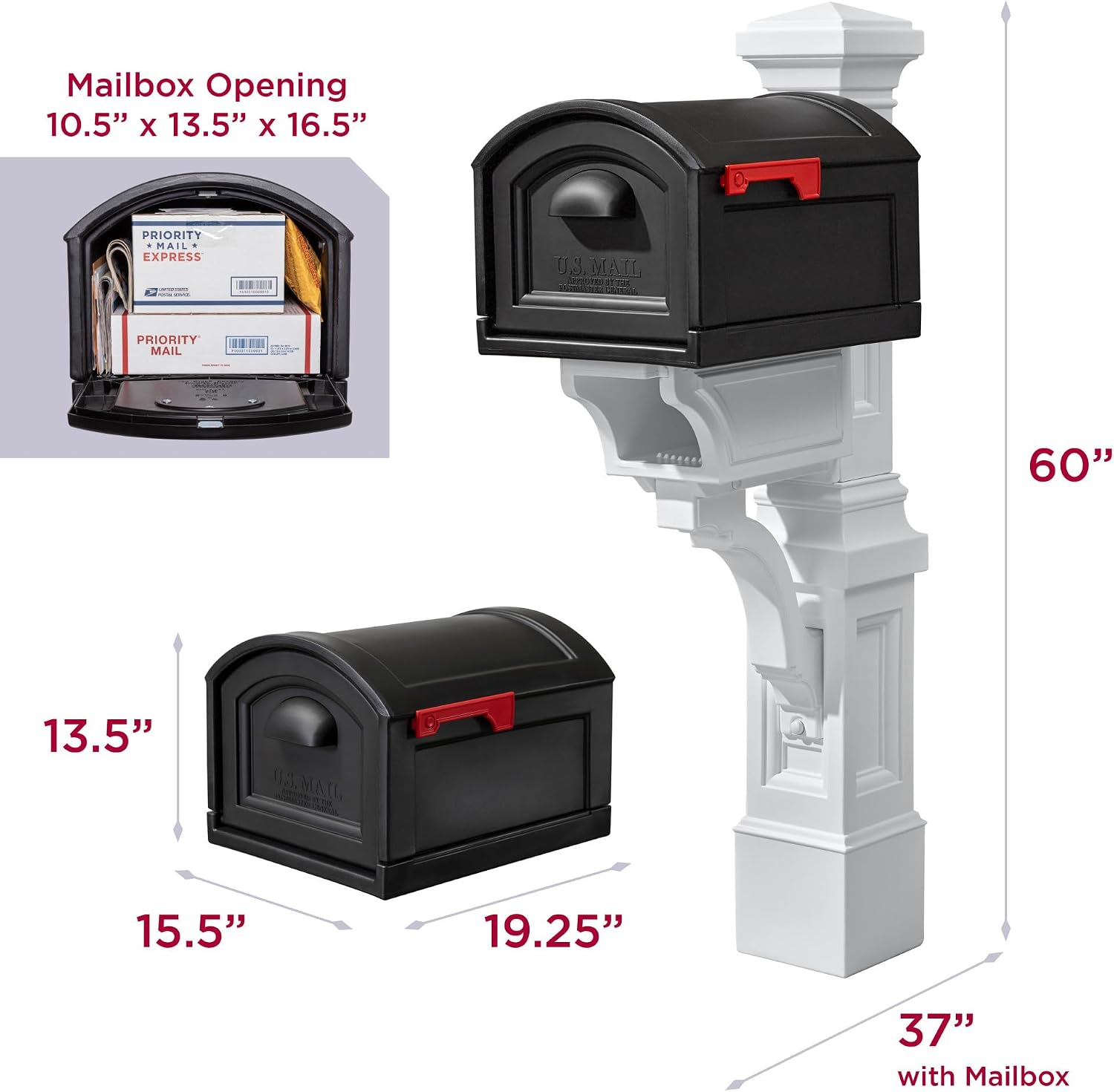 Step2 Atherton Extra Large Mailbox & Post, Weather Resistant, Large Outdoor Mailboxes, Made of Durable Plastic, Easy to Install, Flag Included, Onyx Black