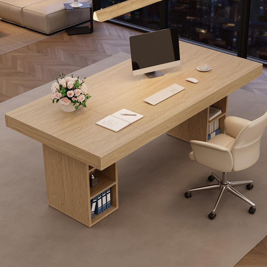 IDEALHOUSE 71' Executive Desk with Cabinet Storage, Farmhouse Home Office Desk, Wooden Computer Desk with Extra Thickened Tabletop & Metal Frame, for Work Study Writing, Oak