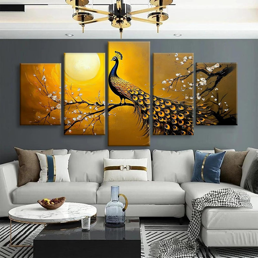 Peacock Diamond Art 5 Piece Diamond Painting Japanese Style 5D DIY Full Square Drill Dimond Art Paintings Crystal Rhinestones Crafts for Adults Gem Painting for Home Decor, 48 x 100 Inch, Model138