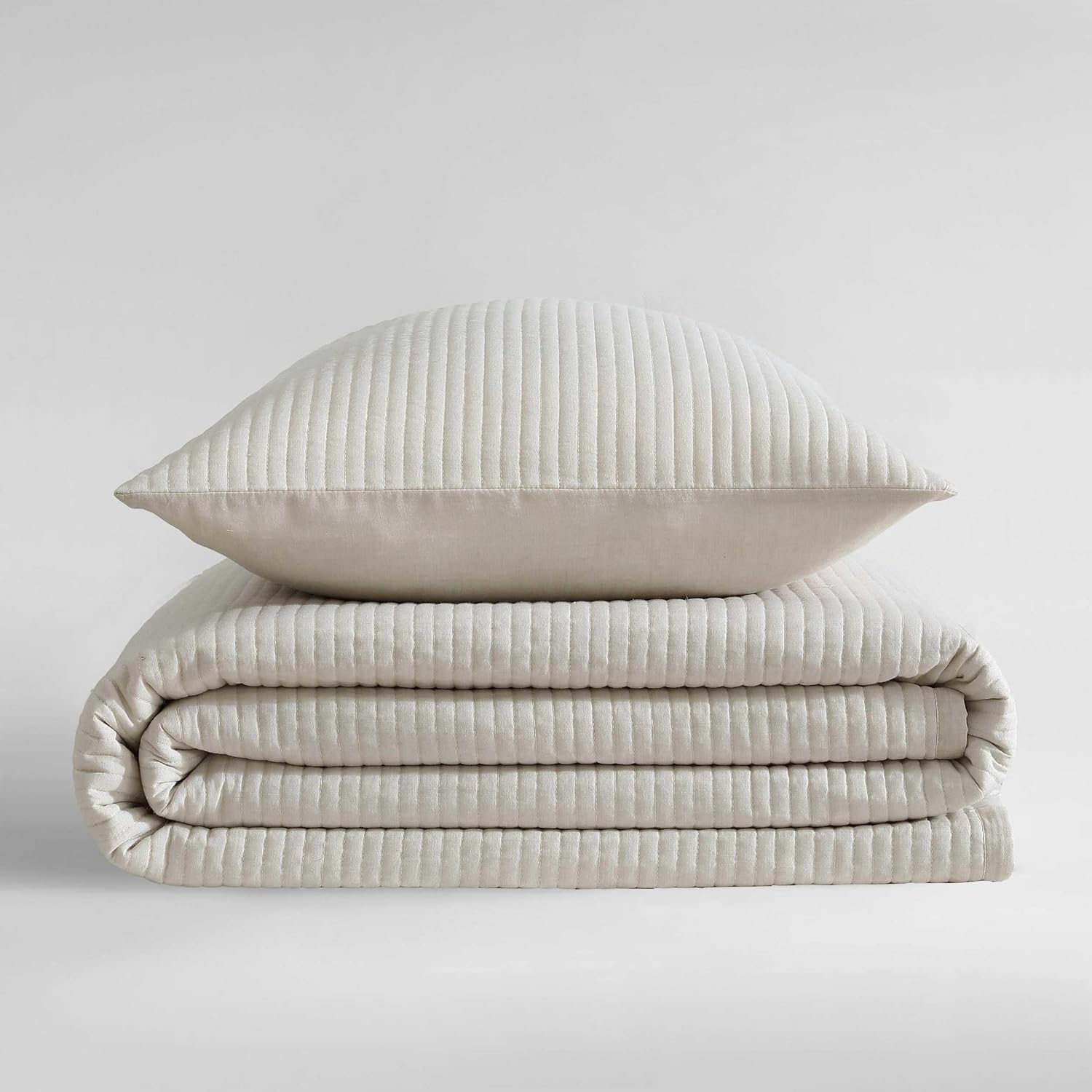 Calvin Klein - Queen Quilt Set, Luxuriously Soft Channel Stitch Bedding with Matching Shams (Mini Channel Stitch Solid Beige, Queen)