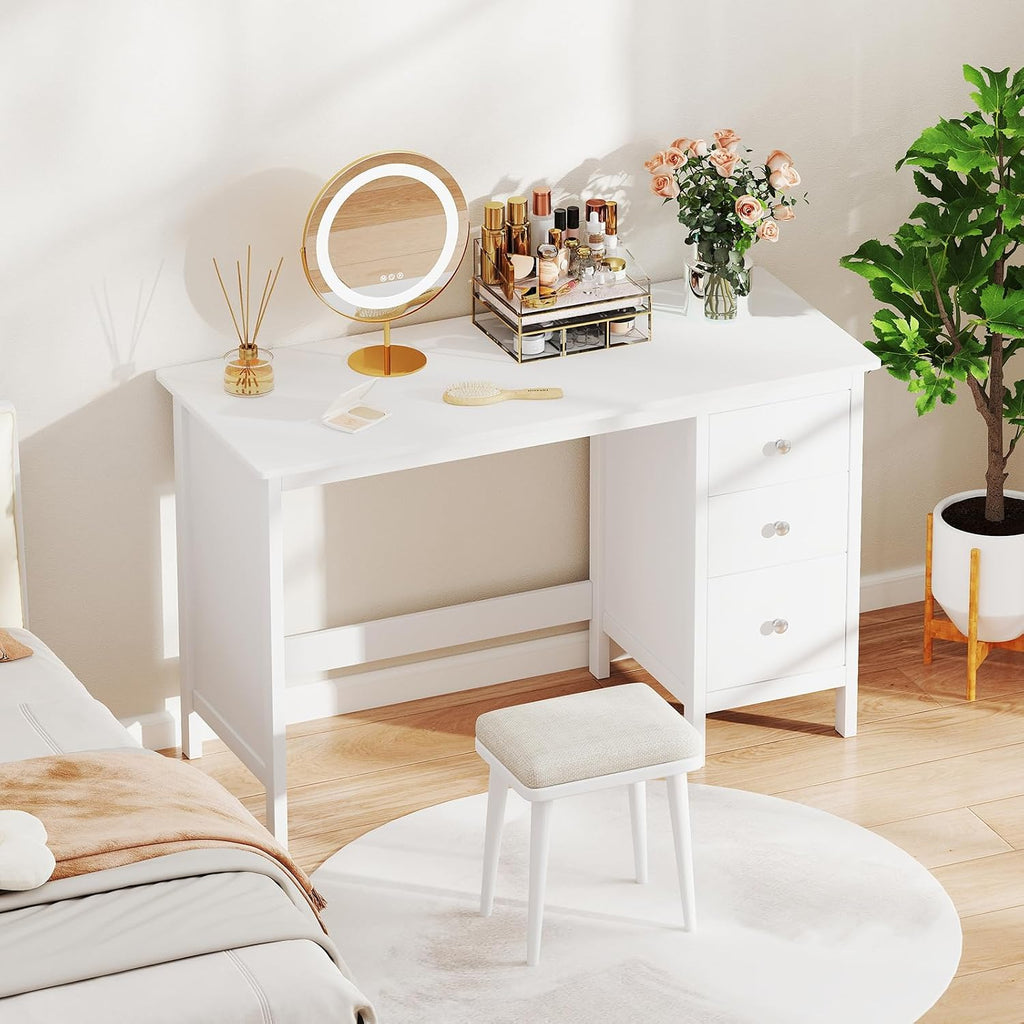 Giantex White Desk with Drawers, 48 Inch Home Office Desk with Anti-Toppling Device, Multifunctional Computer Workstation, Wood Study Writing Desk for Small Spaces, Bedroom
