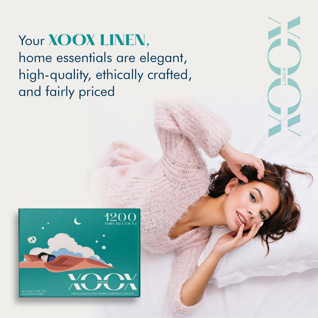 XOOX Linen 100% Egyptian Cotton Queen Sheet Set - Luxury 1200 High Thread Count Egyptian Cotton Sheets Queen Size (4 PC, White), Silky Soft, Cooling, 17' Deep Pocket Sateen Weave Hotel Bedding