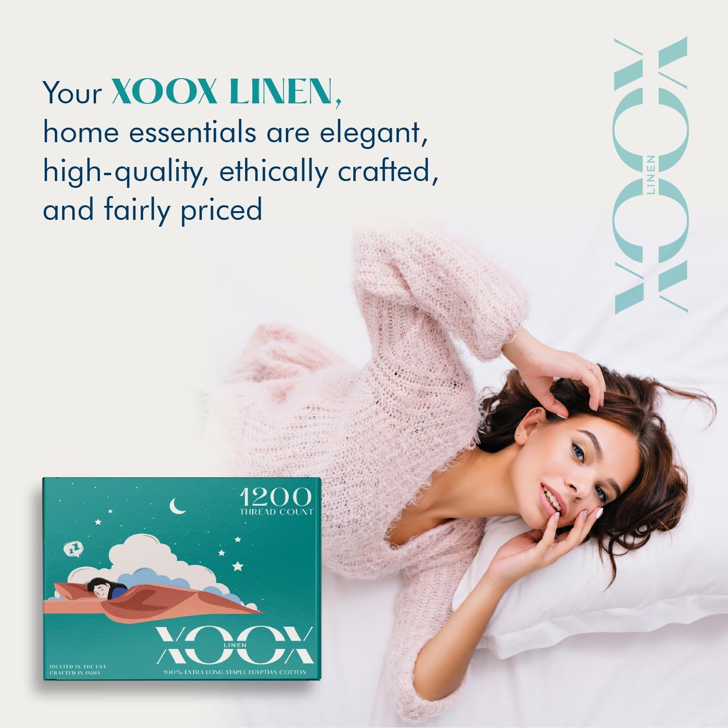 XOOX Linen 100% Egyptian Cotton Queen Sheet Set - Luxury 1200 High Thread Count Egyptian Cotton Sheets Queen Size (4 PC, White), Silky Soft, Cooling, 17' Deep Pocket Sateen Weave Hotel Bedding