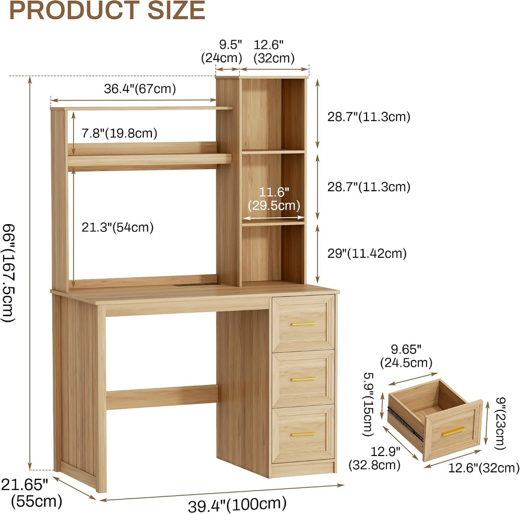 LVSOMT 40' Home Office Desk with Hutch and Drawers, Computer Desk with Power Outlets and LED Light, Study Writing Gaming Table with Storage Shelves, Workstation for Bedroom, Wood