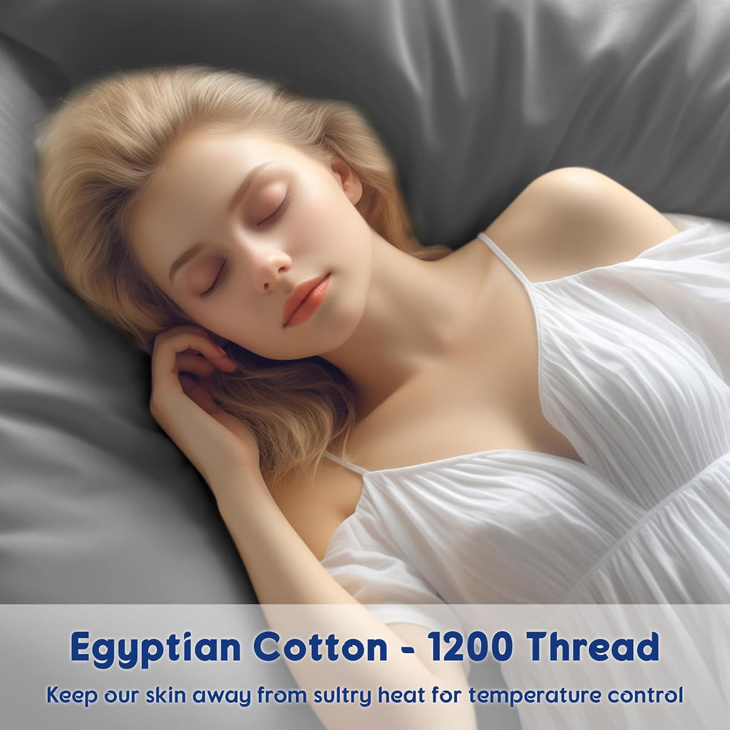 SONORO KATE 100% Egyptian Cotton Sheets - 1200 Thread Count, Luxury & Cooling Hotel Cotton Bed Sheets Set 4 Piece, Sateen Weave for Soft Feel, Fits Upto 16' Mattress (Grey, Full)
