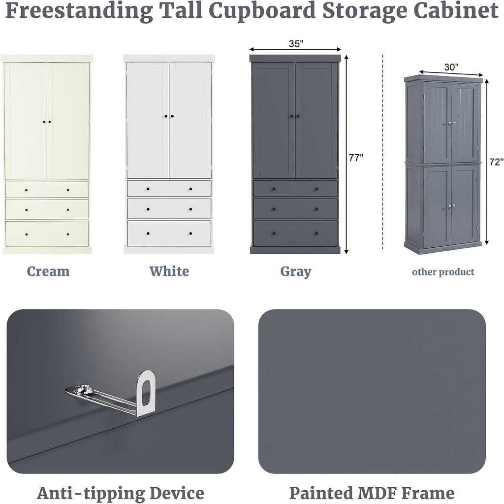 77inch Farmhouse Kitchen Pantry, Wood Storage Cabinet with 3 Adjustable Shelves, Freestanding Tall Cupboard Storage Cabinet with 8 Door Shelves and 3 Drawers for Kitchen, Dining Room (Gray-1)
