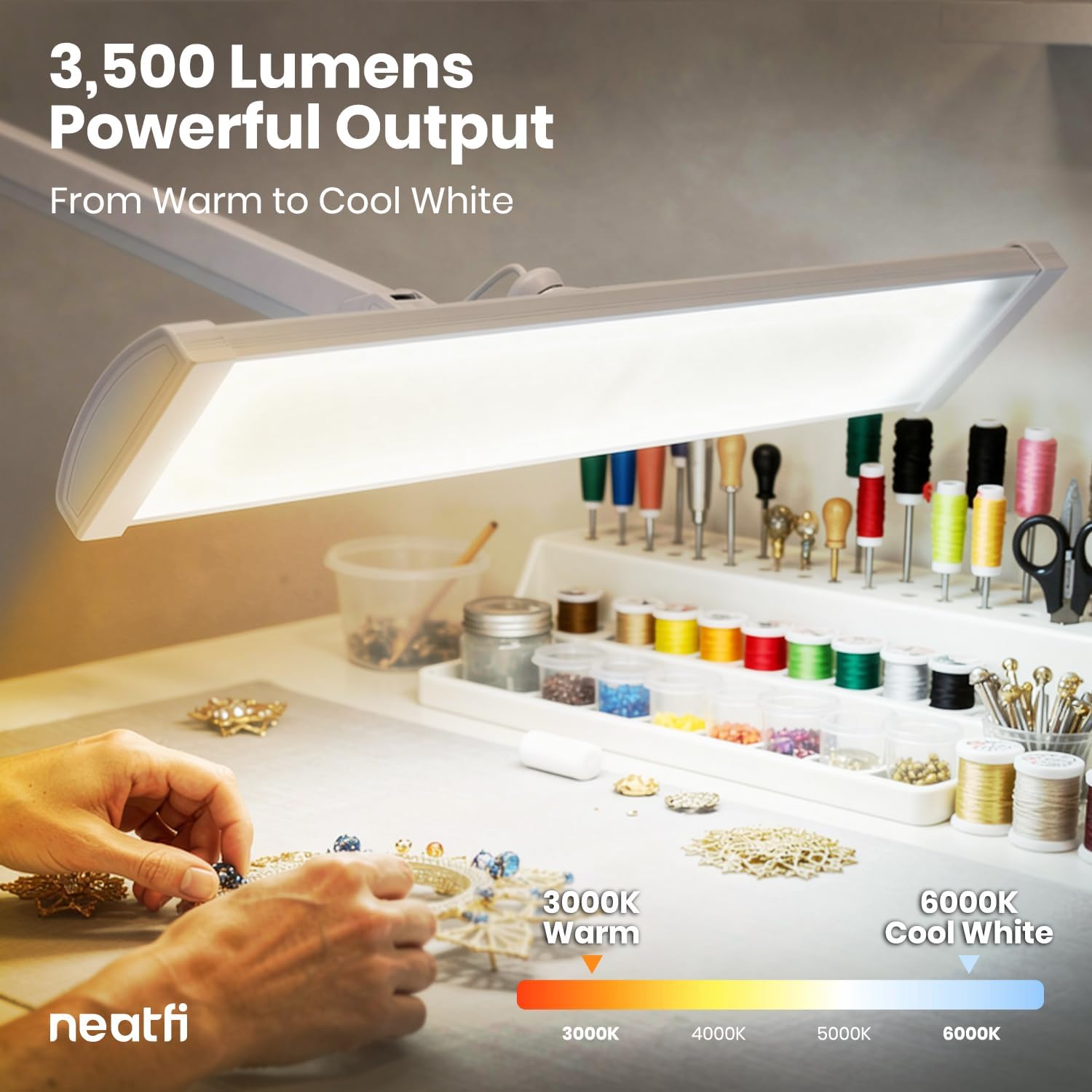 Neatfi 3,500 Lumens LED Desk Lamp – 45W Dimmable Task Light | Adjustable Color Temperature | 3 Light Modes | 540 SMD LEDs | Reading, Craft, Workbench & Office (White-2, 26-Inch Wide Shade)