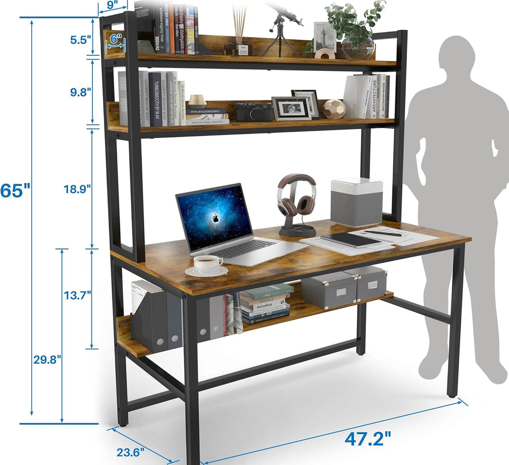 Aquzee Computer Desk with Hutch, 47'W x 23.6' D Desk with Shelves, Tall Home Office Desk with Bookshelf, Metal Legs Study Table with Upper Storage Shelf for Study Writing/Workstation