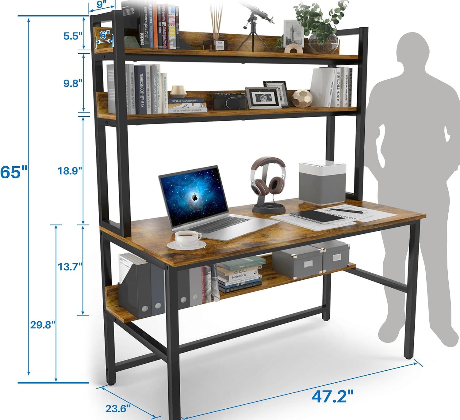 Aquzee Computer Desk with Hutch, 47'W x 23.6' D Desk with Shelves, Tall Home Office Desk with Bookshelf, Metal Legs Study Table with Upper Storage Shelf for Study Writing/Workstation