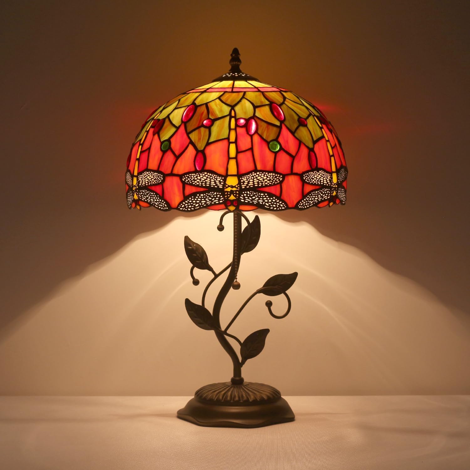 Tiffany Table Lamp, Stained Glass Lamp, 12x12x19 Inch, Metal Leaf Base Decor Lamp for Bedroom、Living Room、Home、Office (Dragonfly)