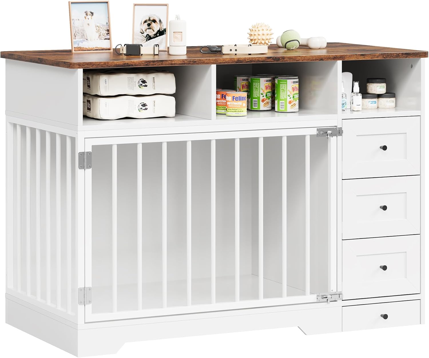 GarveeLife 48'' Dog Crate Furniture, Farmhouse Heavy Duty Dog Kennel with Bowl & Storage Drawers, Medium Dog Cage End Table for Small Medium Dogs, White
