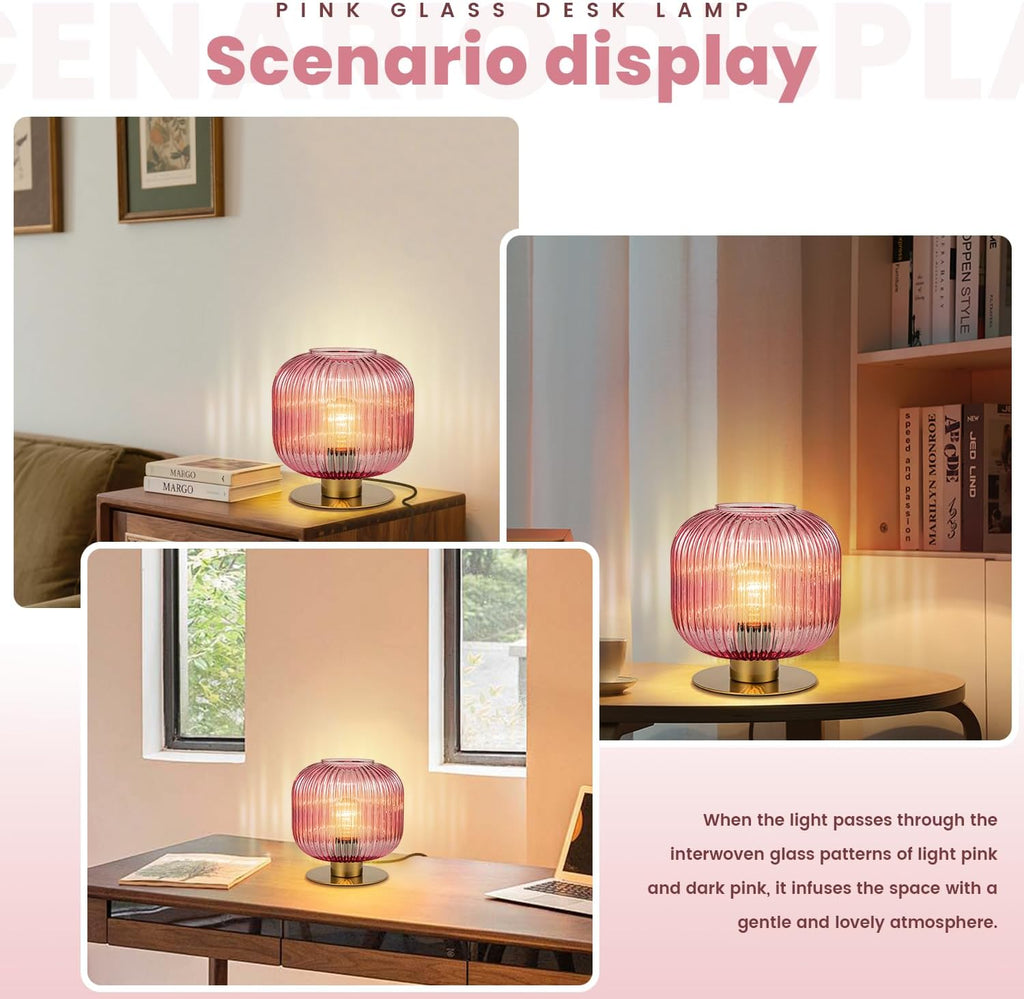 Glass Lamps Set of 2, Vintage Gold Table Lamps for Living Room End Table, Mid Century Bedside Table Lamp with Ribbed Glass Globe, Cute Desk Lamp Pink Nightstand Lamp for Girls Bedroom