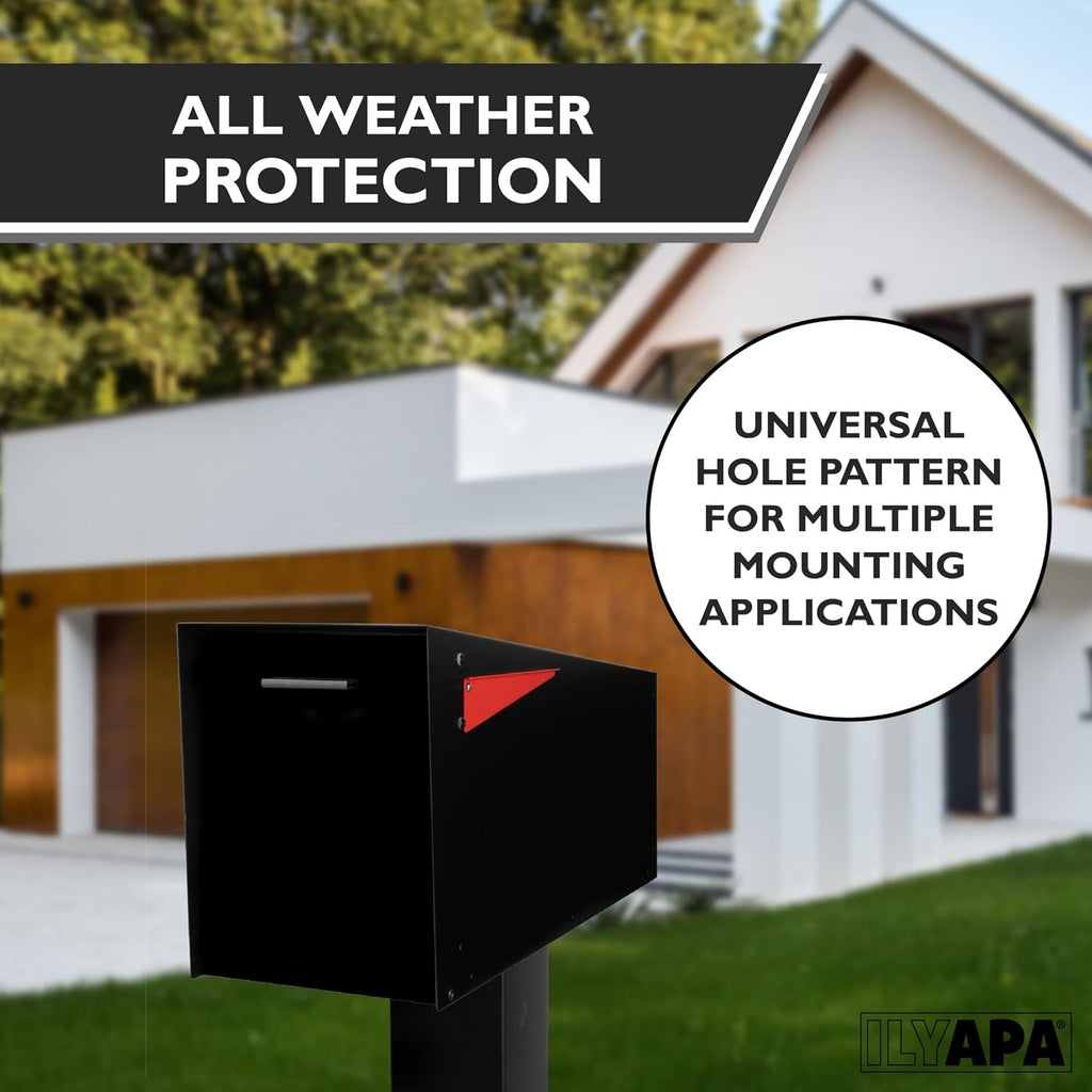 Ilyapa Modern Angle Design Post Mount Modern Mailbox - Black Exterior Powder Coated Steel, All Weather & Corrosion Resistant, Stainless Steel Hinges