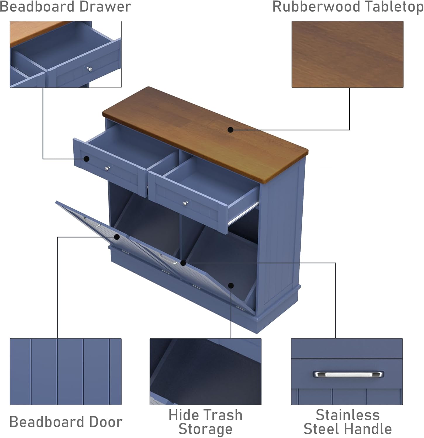 TOLEAD Tilt Out Trash Cabinet,Antique-Style Beadboard Kitchen Island with Solid Wood Tabletop & Drawer, Pet Proof Trash Can, Wood Laundry Cabinet (Blue, Double Door)