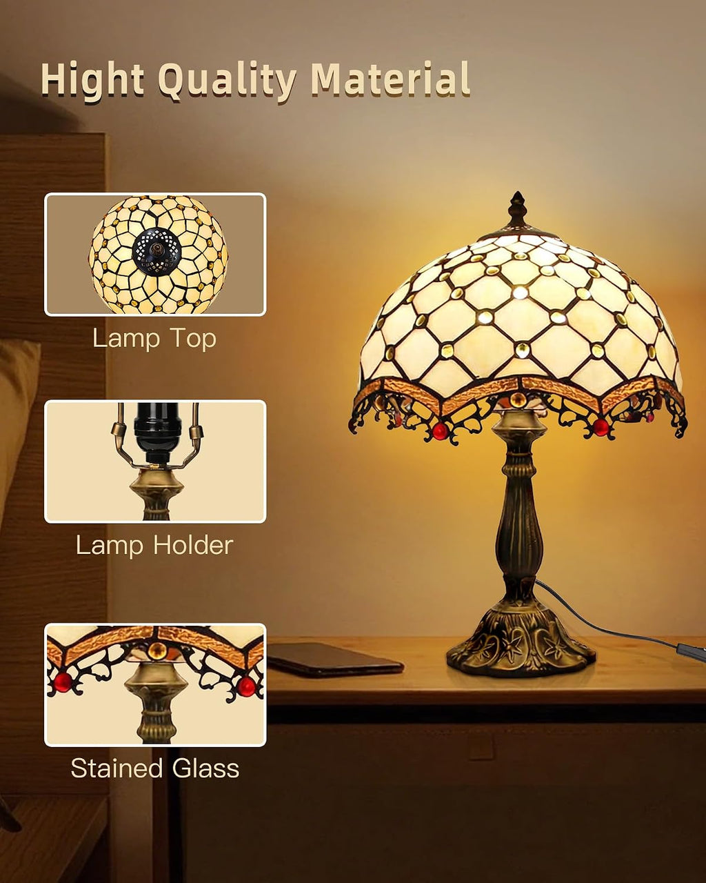 Tiffany Lamp Cream Amber Stained Glass Bead Table Lamp Desk Bedside Reading Light 12X12X18 Inches Deco Bedroom Living Room Home Office