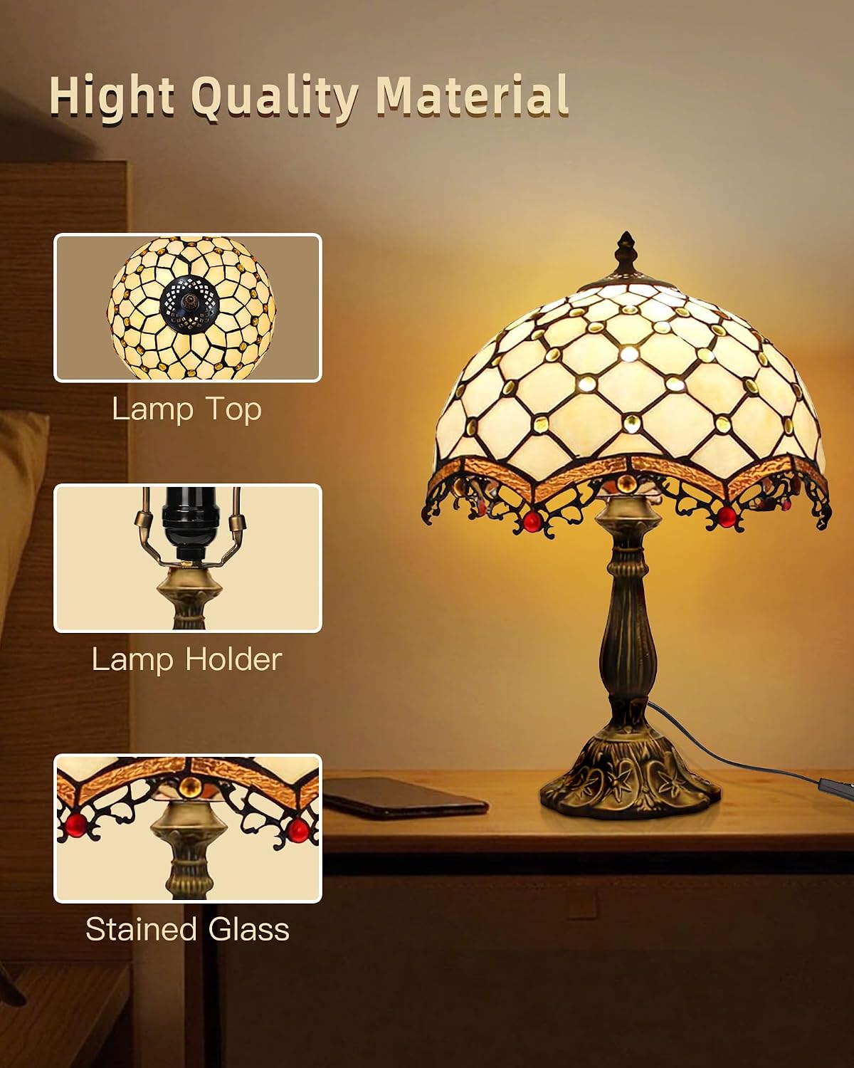 Tiffany Lamp Cream Amber Stained Glass Bead Table Lamp Desk Bedside Reading Light 12X12X18 Inches Deco Bedroom Living Room Home Office