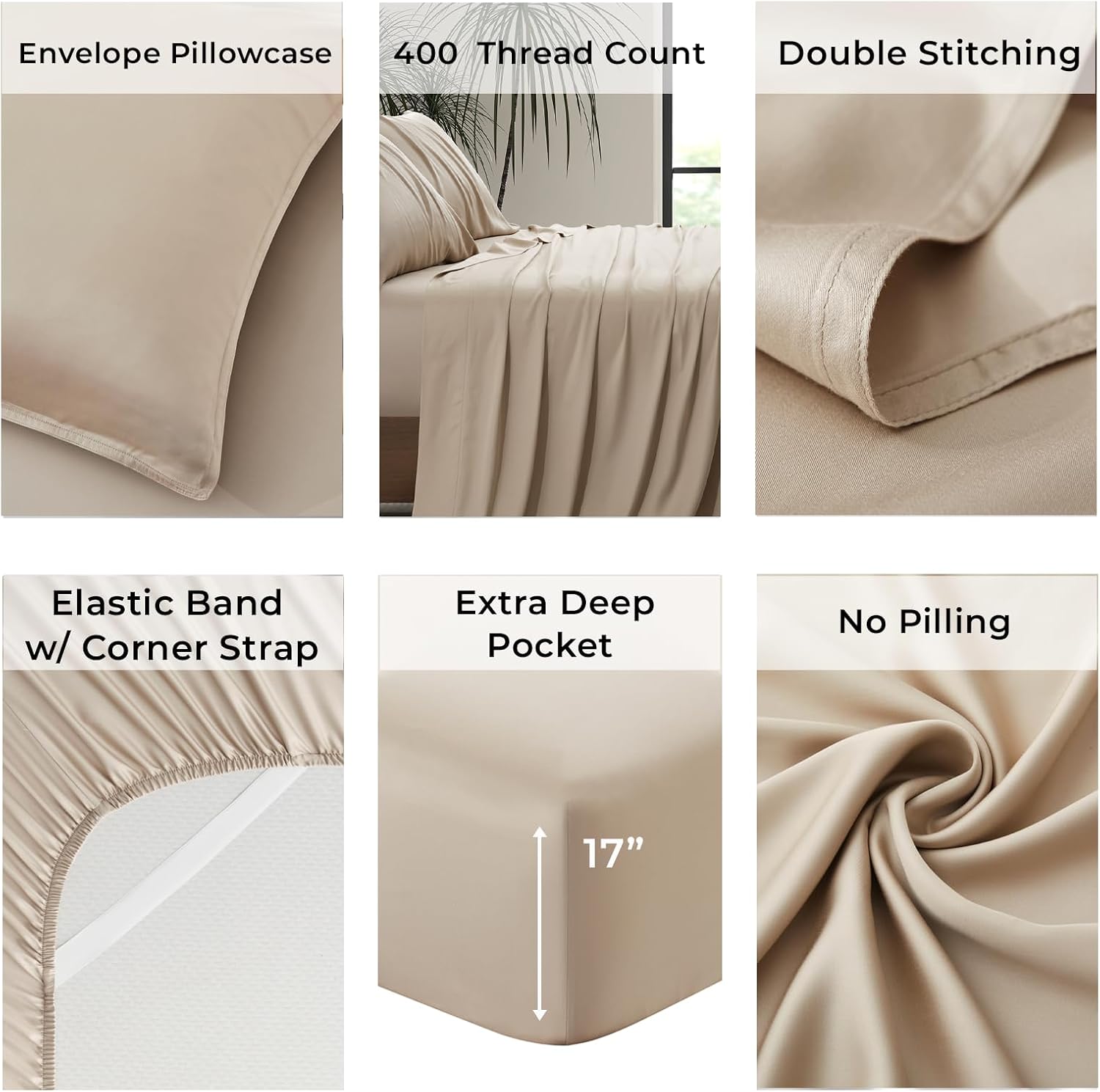 Luxury Bamboo Market | Queen Size Bed Sheet Set | 100% Viscose Made from Bamboo | Organically Grown | Ultra Soft | Cooling Sheets for Hot Sleepers | 17' Deep Pocket [Dune]