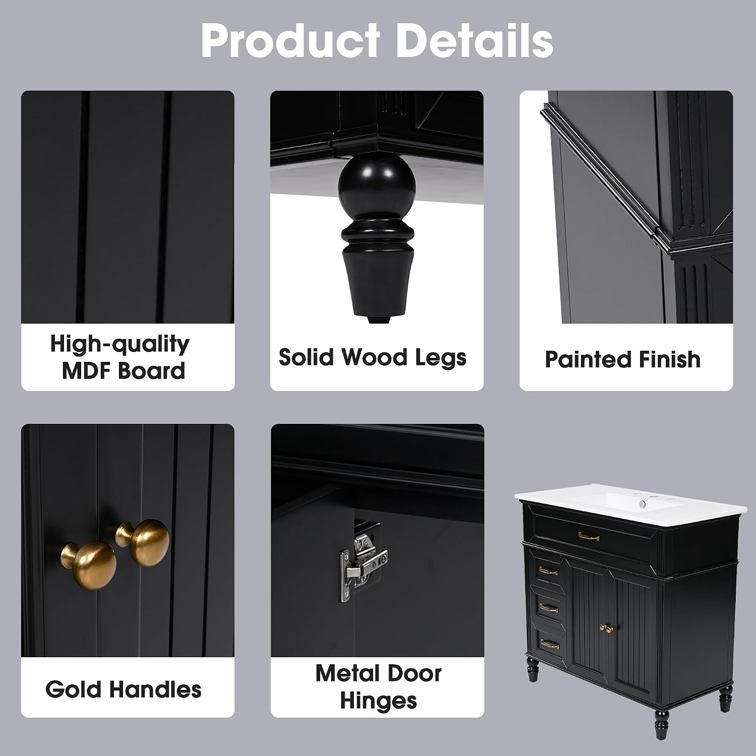Flieks 36' Bathroom Vanity with Sink, Black Bathroom Cabinet with Drawers, Solid Frame and MDF Board, One Package