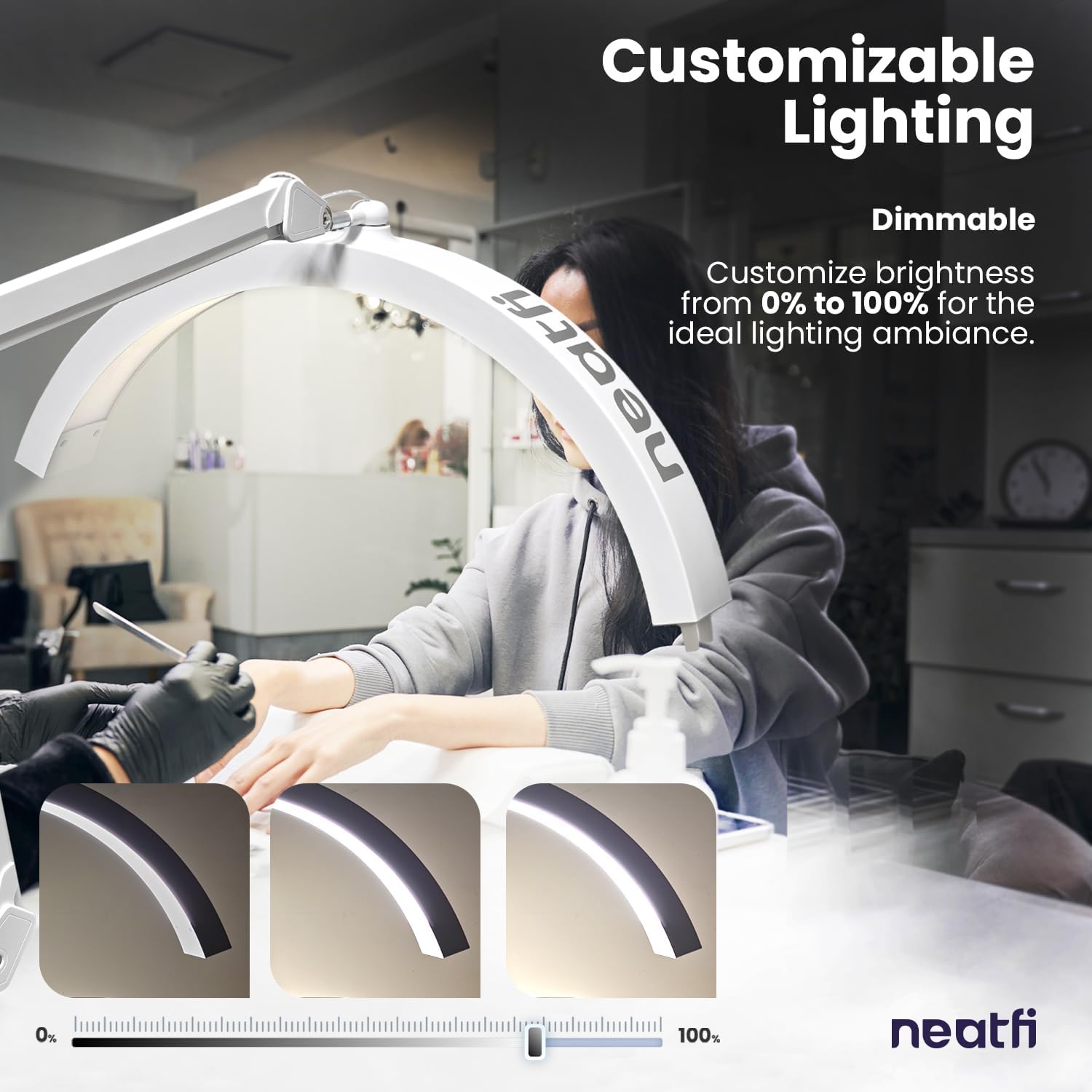 Neatfi Half Moon LED Table Lamp for Estheticians – 2,500 Lumens | CCT Dimming, 5 Light Modes | Professional Task Lamp for Nail Art, Facials, Threading & Tattoos (White, CCT with Base and Clamp)