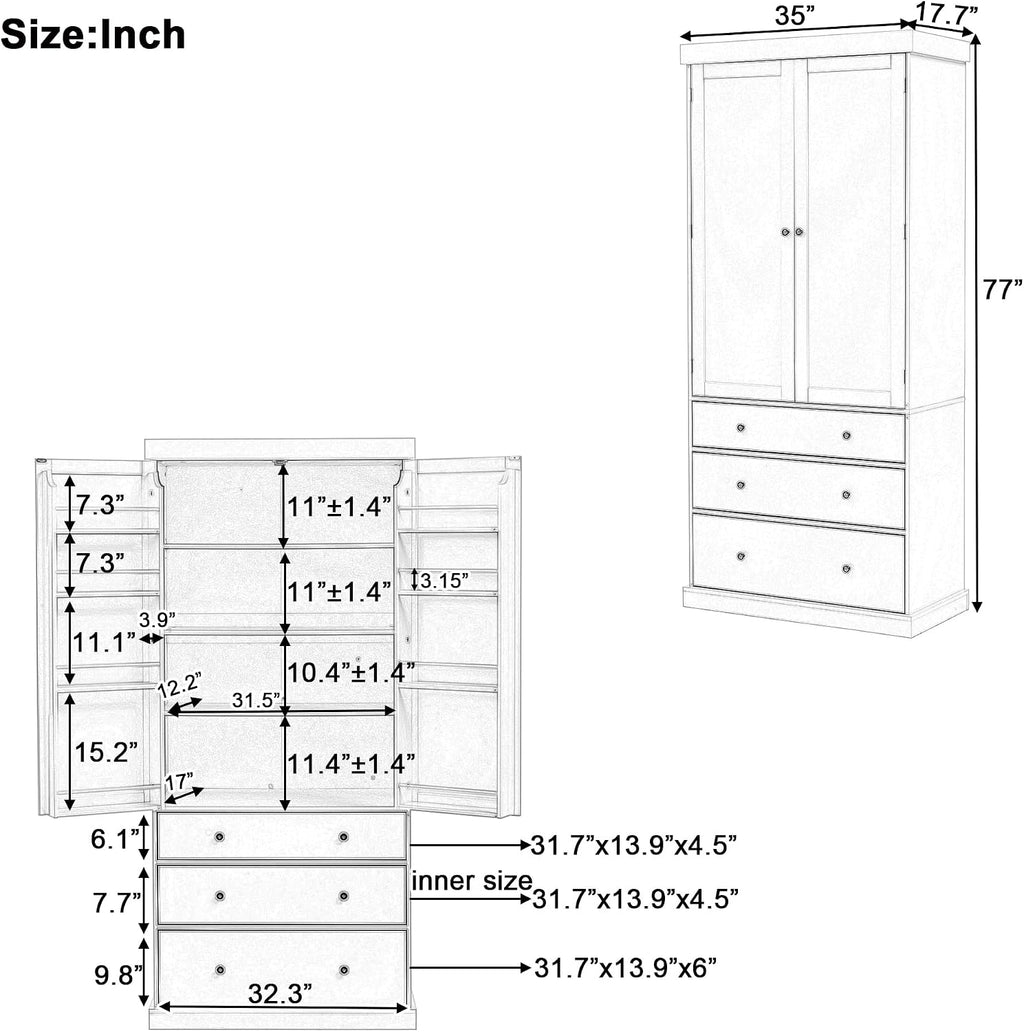 77inch Farmhouse Kitchen Pantry, Wood Storage Cabinet with 3 Adjustable Shelves, Freestanding Tall Cupboard Storage Cabinet with 8 Door Shelves and 3 Drawers for Kitchen, Dining Room (White-1)