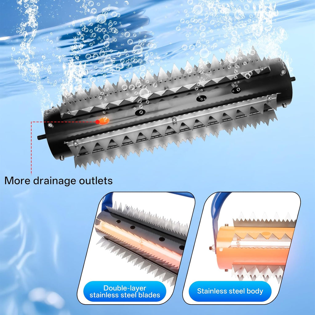 14ft Stainless Steel Lake Weed Roller, Beach Roller, Rid Weeds Roots and Muck Buildup, 4 Aluminum Handles, 6 Preassembled Stainless Steel Blades, Easy Assembly with Gloves Attached（3-Year Warranty）
