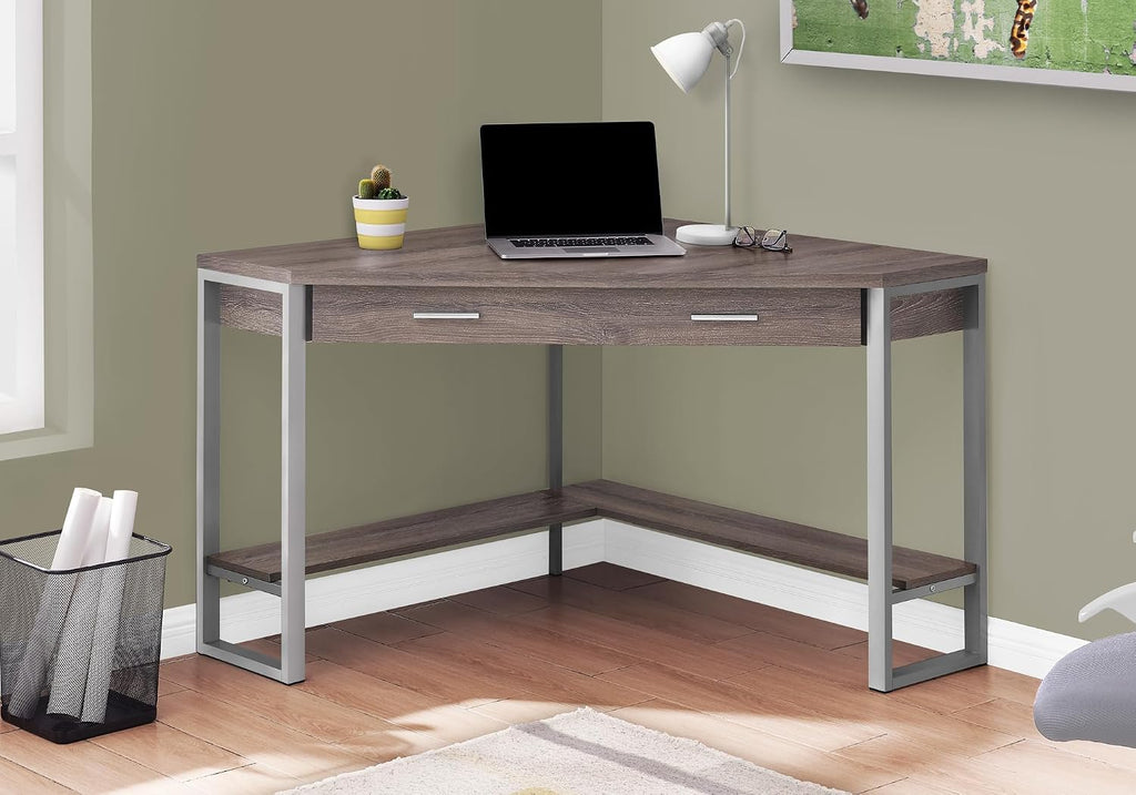 Pemberly Row Corner Computer Desk, 42' L x 42' D x 30' H, Taupe Wood Look Finish, Silver Metal Frame, Drawer and Bottom Shelf, Space-Saving Design for Home Office or Workstation Use